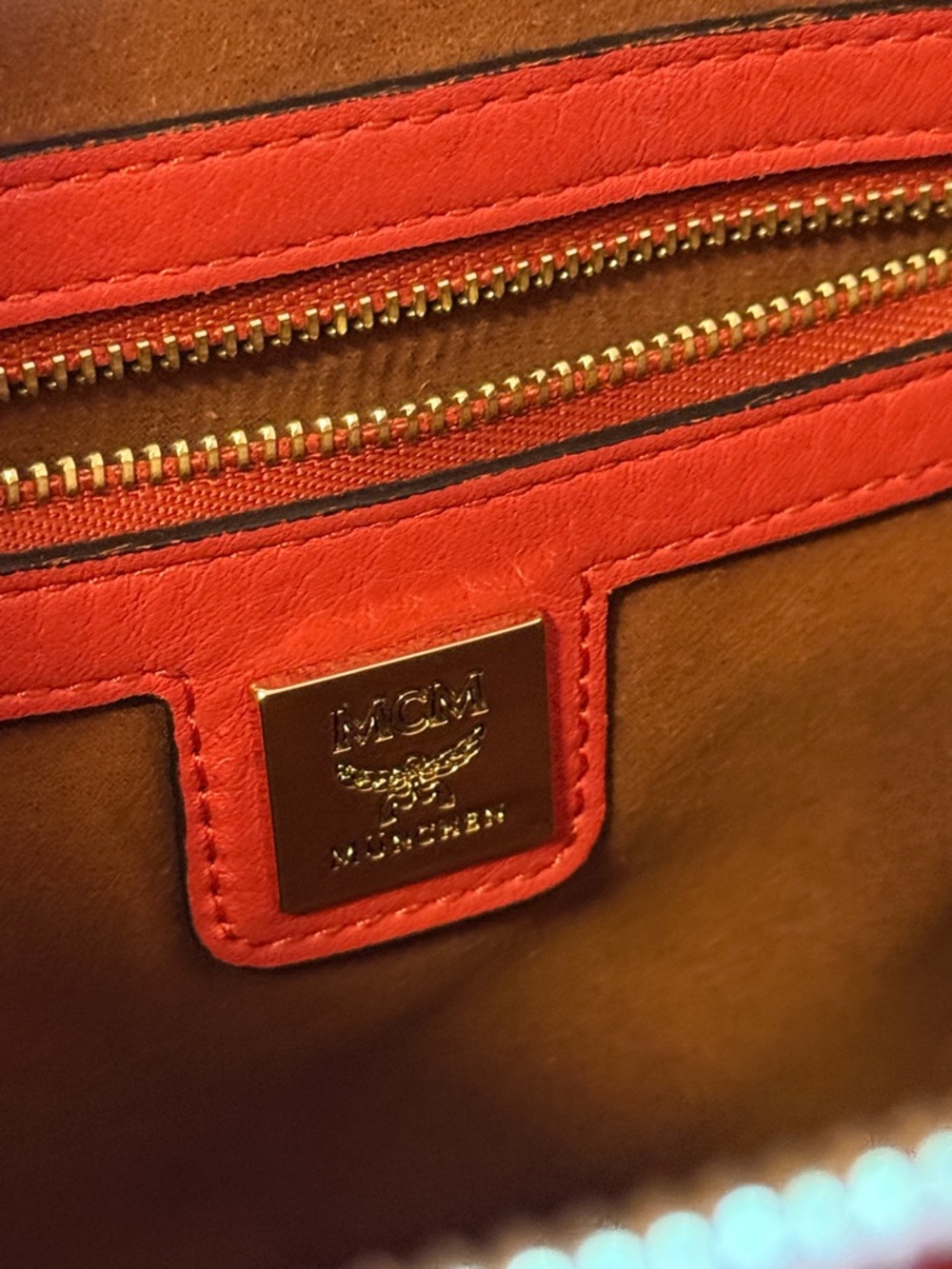 MCM Tan Visetos Monogram Crossbody with Coral Trim - Picture 13 of 14